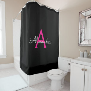 Hot Pink Black Girly Script Monogram Name Modern