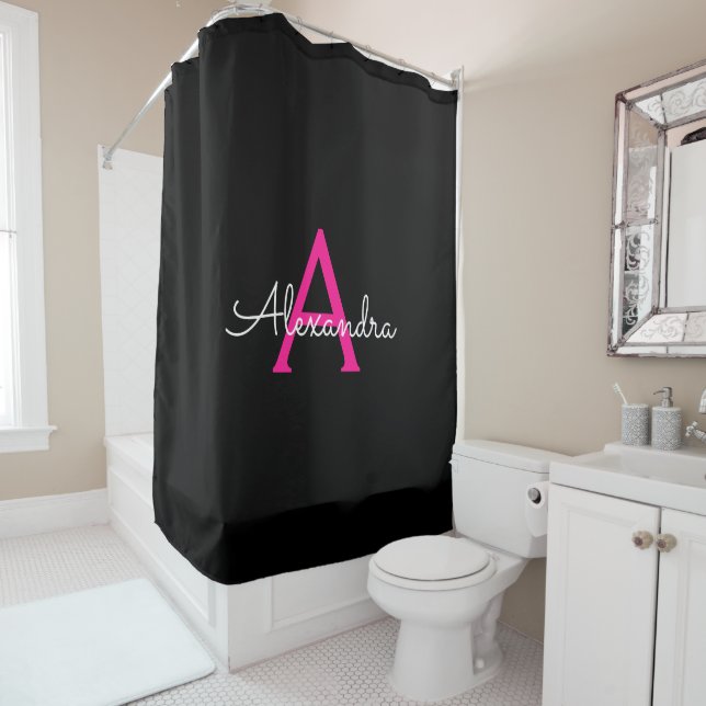 Hot Pink Black Girly Script Monogram Name Modern (In Situ)