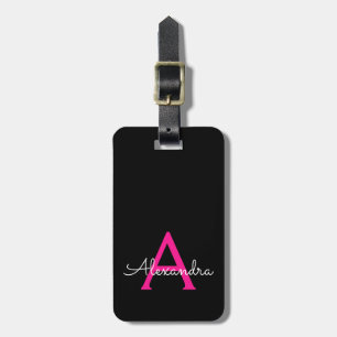 Hot Pink Black Girly Script Monogram Name Modern Luggage Tag