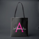 Hot Pink Black Girly Script Monogram Name Modern Tote Bag<br><div class="desc">Black and Hot Pink Elegant Add Your Own Name Monogram Book Bag. This Book Bag can be customized to include your initial and first name and given as a gift for Christmas,  Sweet 16 Birthday,  Bridal Shower or a Wedding.</div>