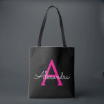 Hot Pink Black Girly Script Monogram Name Modern Tote Bag<br><div class="desc">Black and Hot Pink Elegant Add Your Own Name Monogram Book Bag. This Book Bag can be customized to include your initial and first name and given as a gift for Christmas,  Sweet 16 Birthday,  Bridal Shower or a Wedding.</div>