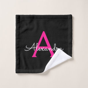 Hot Pink Black Girly Script Monogram Name Wash Cloth