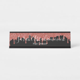 Hot Pink & Black Glitter Drips Desk Sign