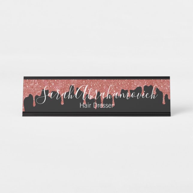 Hot Pink & Black Glitter Drips Desk Sign (Front)