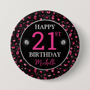 Hot Pink & Black Glitter Leopard Spots Birthday 3 Inch Round Button