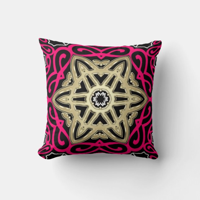 Hot Pink Black & Gold Celtic Star Big Cushion (Front)