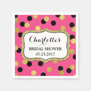 Hot Pink Black Gold Confetti Bridal Shower Napkin