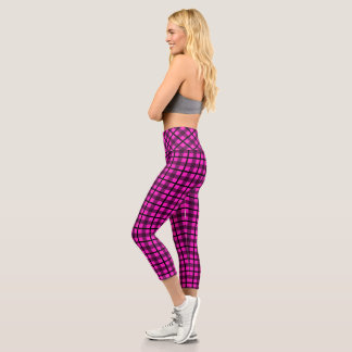 Hot Pink Black Goth Plaid Pattern Capri Leggings
