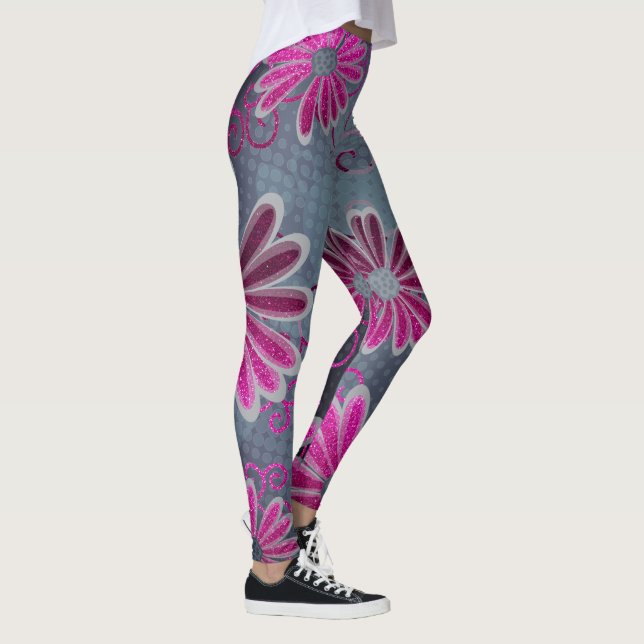 Hot Pink Black Grey Ombre Glitter Daisy Sparkles Leggings (Right)