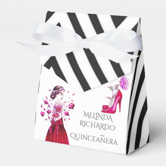 Hot Pink Black High Heel Shoes Quinceanera Party Favor Box (Front Side)