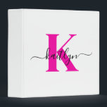Hot Pink Black Initial Name Monogrammed Binder<br><div class="desc">This simple, elegant white 2" capacity 3 ring binder with your first name in a trendy script font in black typed over your first initial in a modern cap font in hot pink is perfect for keeping your recipes, photos, papers neat and tidy. It's stylish and trendy and yet very...</div>