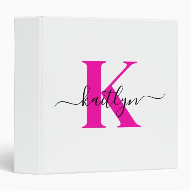 Hot Pink Black Initial Name Monogrammed Binder (Front/Spine)