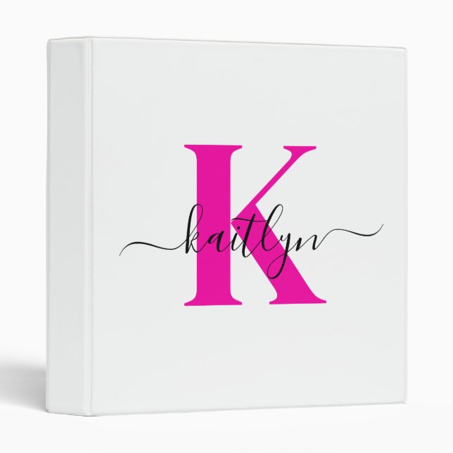 Hot Pink Black Initial Name Monogrammed Binder (Front/Spine)