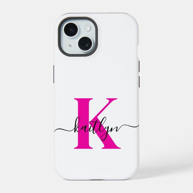 Hot Pink Black Initial Name Monogrammed iPhone 15 Case (Back)