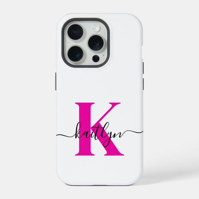 Hot Pink Black Initial Name Monogrammed iPhone Case (Back)