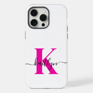 Hot Pink Black Initial Name Monogrammed iPhone 15 Pro Max Case