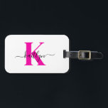 Hot Pink Black Initial Name Monogrammed Luggage Tag<br><div class="desc">This simple, elegant white luggage tag with your first name in a trendy script font in black typed over your first initial in a modern cap font in hot pink on one side and a slide in card for your name, address and phone number on the other would look fabulous...</div>