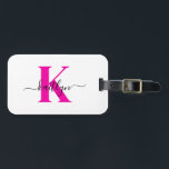 Hot Pink Black Initial Name Monogrammed Luggage Tag<br><div class="desc">This simple, elegant white luggage tag with your first name in a trendy script font in black typed over your first initial in a modern cap font in hot pink on one side and a slide in card for your name, address and phone number on the other would look fabulous...</div>