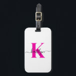 Hot Pink Black Initial Name Monogrammed Luggage Tag<br><div class="desc">This simple, elegant white luggage tag with your first name in a trendy script font in black typed over your first initial in a modern cap font in hot pink on one side and a slide in card for your name, address and phone number on the other would look fabulous...</div>