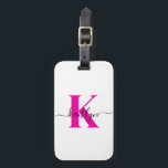 Hot Pink Black Initial Name Monogrammed Luggage Tag<br><div class="desc">This simple, elegant white luggage tag with your first name in a trendy script font in black typed over your first initial in a modern cap font in hot pink on one side and a slide in card for your name, address and phone number on the other would look fabulous...</div>