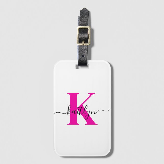 Hot Pink Black Initial Name Monogrammed Luggage Tag (Front Vertical)