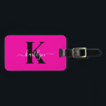 Hot Pink Black Initial Name Monogrammed Luggage Tag<br><div class="desc">This simple, elegant hot pink luggage tag with your first name in a trendy script font in white typed over your first initial in a modern cap font in black on one side and your name, address and phone number on the other would look fabulous on your suitcases. It's stylish...</div>