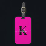 Hot Pink Black Initial Name Monogrammed Luggage Tag<br><div class="desc">This simple, elegant hot pink luggage tag with your first name in a trendy script font in white typed over your first initial in a modern cap font in black on one side and a slide in card for your name, address and phone number on the other would look fabulous...</div>