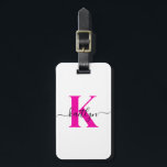 Hot Pink Black Initial Name Monogrammed Luggage Tag<br><div class="desc">This simple, elegant white tag with your first name in a trendy script font in black typed over your first initial in a modern cap font in hot pink on one side and your name, address and phone number on the other would look fabulous on your suitcases. It's stylish and...</div>