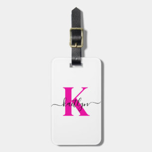 Hot Pink Black Initial Name Monogrammed Luggage Tag