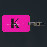 Hot Pink Black Initial Name Monogrammed Luggage Tag<br><div class="desc">This simple, elegant hot pink luggage tag with your first name in a trendy script font in white typed over your first initial in a modern cap font in black on one side and a slide in card for your name, address and phone number on the other would look fabulous...</div>