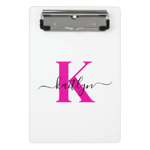 Hot Pink Black Initial Name Monogrammed Mini Clipboard