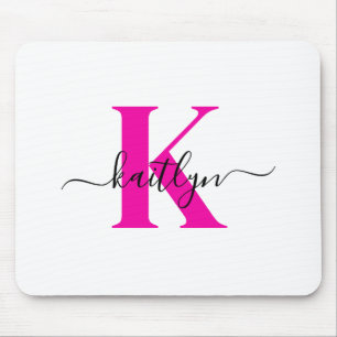 Hot Pink Black Initial Name Monogrammed Mouse Pad
