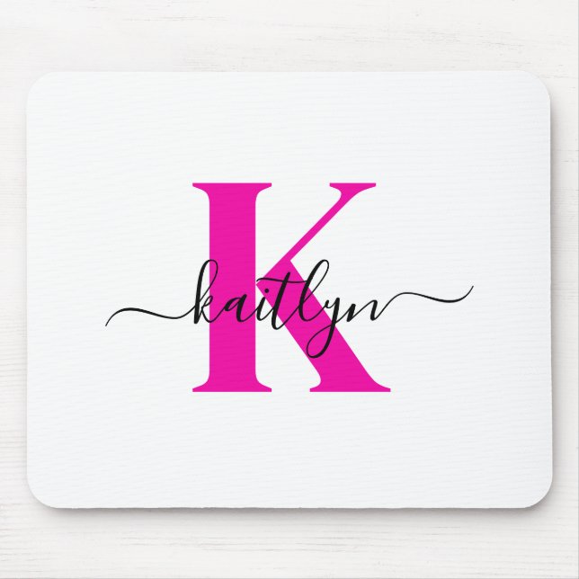 Hot Pink Black Initial Name Monogrammed Mouse Pad (Front)