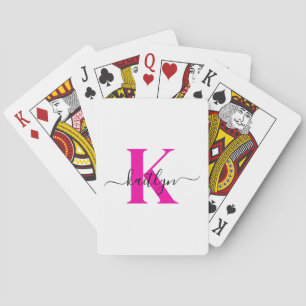 Hot Pink Black Initial Name Monogrammed Playing Cards