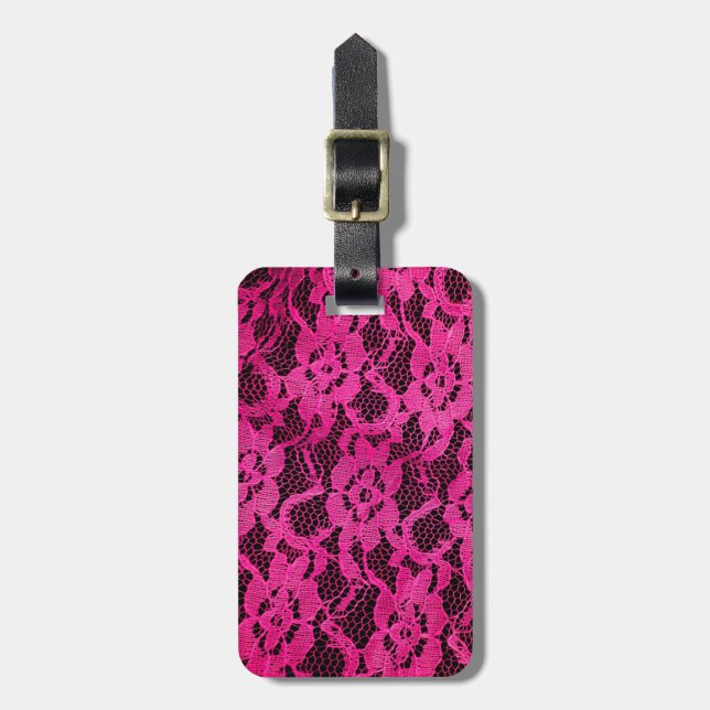 Hot Pink/Black Lace-Look Luggage Tag (Front Vertical)
