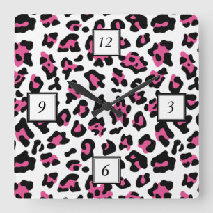 Hot Pink Black Leopard Animal Print Pattern Square Wall Clock
