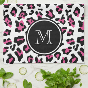 Hot Pink Black Leopard Animal Print with Monogram Kitchen Towel