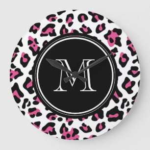 Hot Pink Black Leopard Animal Print with Monogram Large Clock