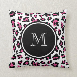 Hot Pink Black Leopard Animal Print with Monogram Throw Pillow