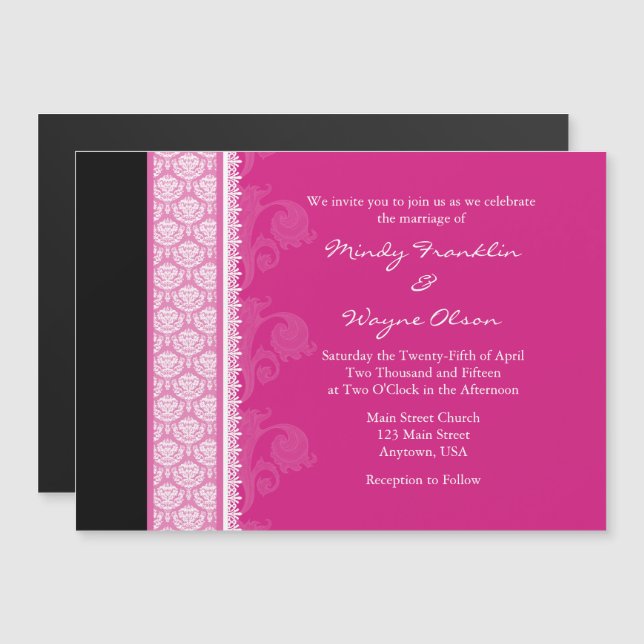 Hot Pink Black Modern Magnetic Wedding Invitation (Front/Back)