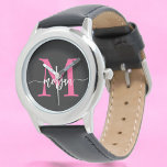 Hot Pink Black Modern Script Girls Monogram Name Watch<br><div class="desc">Accessorize with elegance using our Hot Pink Modern Script Girls Monogram Name Watch! This stylish timepiece features a vibrant hot pink face, personalized with your name in a chic modern script for a unique, custom look. Perfect for adding a pop of colour to any outfit, it combines fashion with functionality....</div>