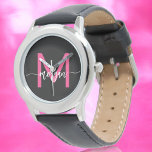 Hot Pink Black Modern Script Girls Monogram Name Watch<br><div class="desc">Accessorize with elegance using our Hot Pink Modern Script Girls Monogram Name Watch! This stylish timepiece features a vibrant hot pink face, personalized with your name in a chic modern script for a unique, custom look. Perfect for adding a pop of colour to any outfit, it combines fashion with functionality....</div>