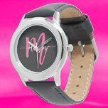 Hot Pink Black Modern Script Girls Monogram Name Watch<br><div class="desc">Accessorize with elegance using our Hot Pink Modern Script Girls Monogram Name Watch! This stylish timepiece features a vibrant hot pink face, personalized with your name in a chic modern script for a unique, custom look. Perfect for adding a pop of colour to any outfit, it combines fashion with functionality....</div>