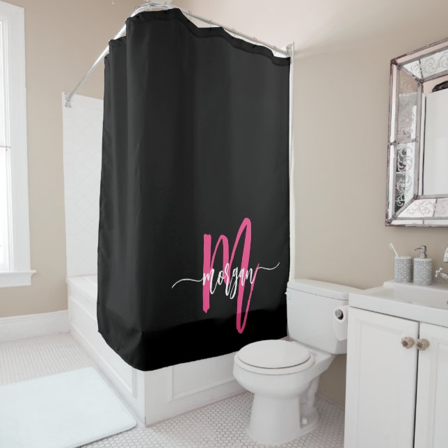 Hot Pink Black Modern Script Girly Monogram Name (In Situ)