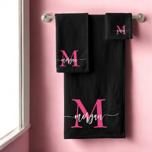 Hot Pink Black Modern Script Girly Monogram Name Bath Towel Set