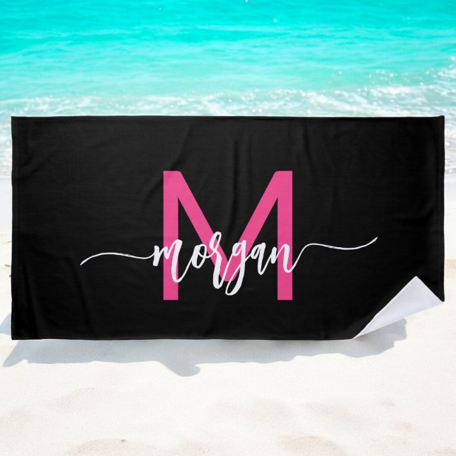 Hot Pink Black Modern Script Girly Monogram Name Beach Towel (Creator Uploaded)