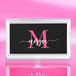 Hot Pink Black Modern Script Girly Monogram Name Business Card Holder<br><div class="desc">Make a professional statement with our Hot Pink Modern Script Girly Monogram Name Business Card Case! This sleek and stylish case features a bold hot pink design, personalized with your name in an elegant modern script for a chic, custom touch. Perfect for carrying and protecting your business cards, it combines...</div>