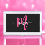 Hot Pink Black Modern Script Girly Monogram Name Business Card Holder<br><div class="desc">Make a professional statement with our Hot Pink Modern Script Girly Monogram Name Business Card Case! This sleek and stylish case features a bold hot pink design, personalized with your name in an elegant modern script for a chic, custom touch. Perfect for carrying and protecting your business cards, it combines...</div>