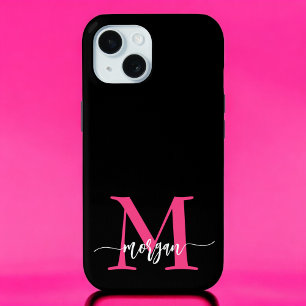 Hot Pink Black Modern Script Girly Monogram Name iPhone 15 Case
