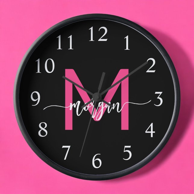 Hot Pink Black Modern Script Girly Monogram Name  Clock (Creator Uploaded)
